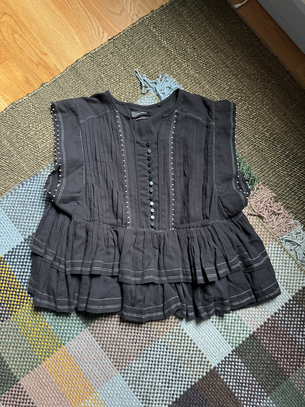 Isabel Marant Black Pleated Lace Peplum Blouse Sz 36